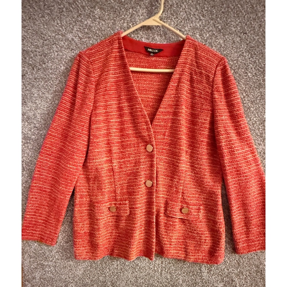 Misook Knit Blazer Jacket Large Red Orange Textured Button Front Career Classic